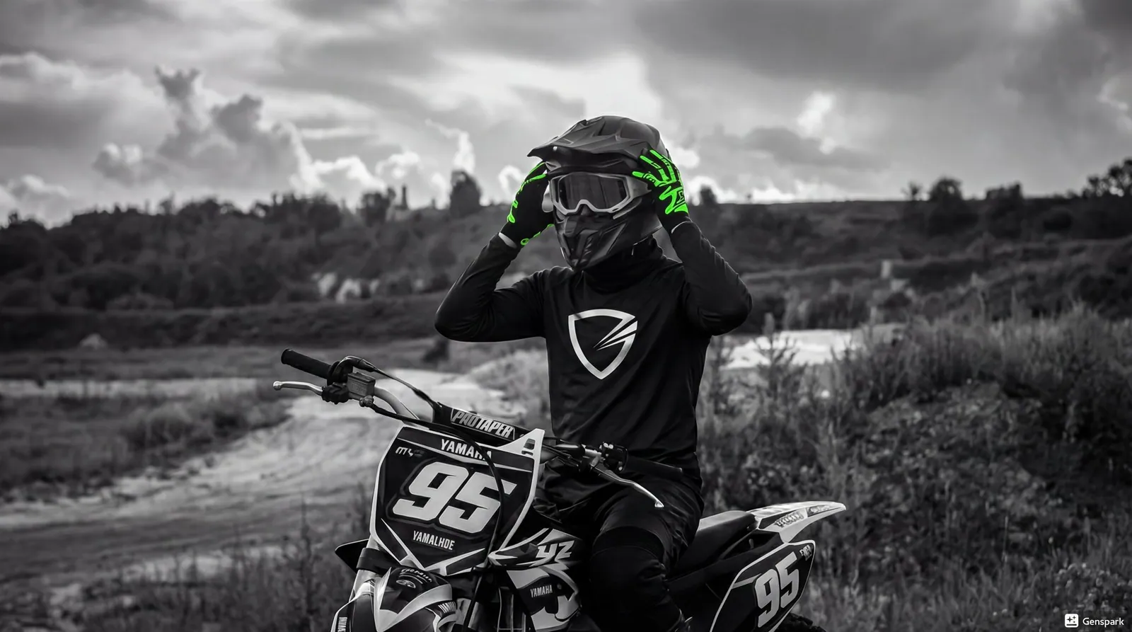 Motocross rider standing by his bike wearing neon gloves