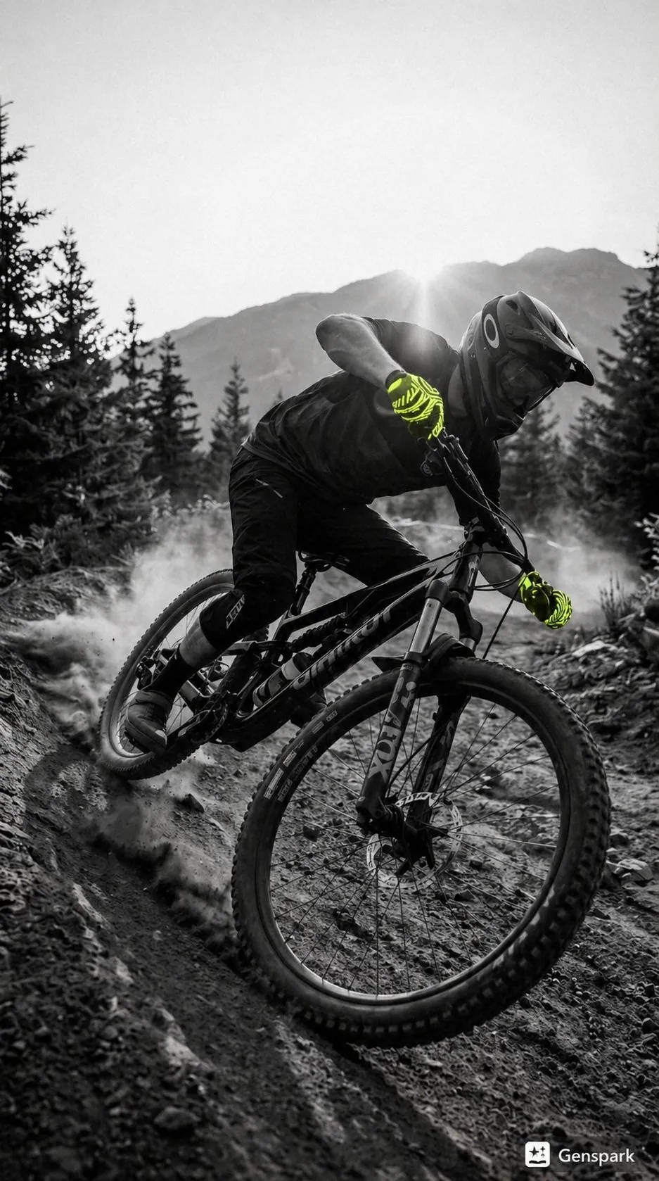 Mountain biker cornering on a dirt trail in neon gloves