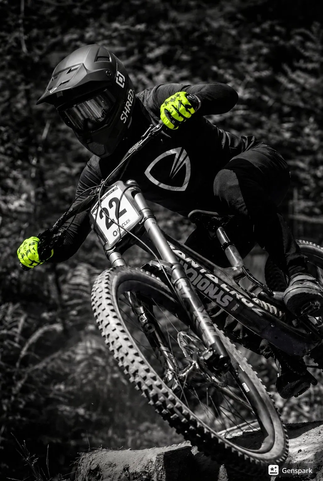 Downhill mountain biker racing with number plate 22