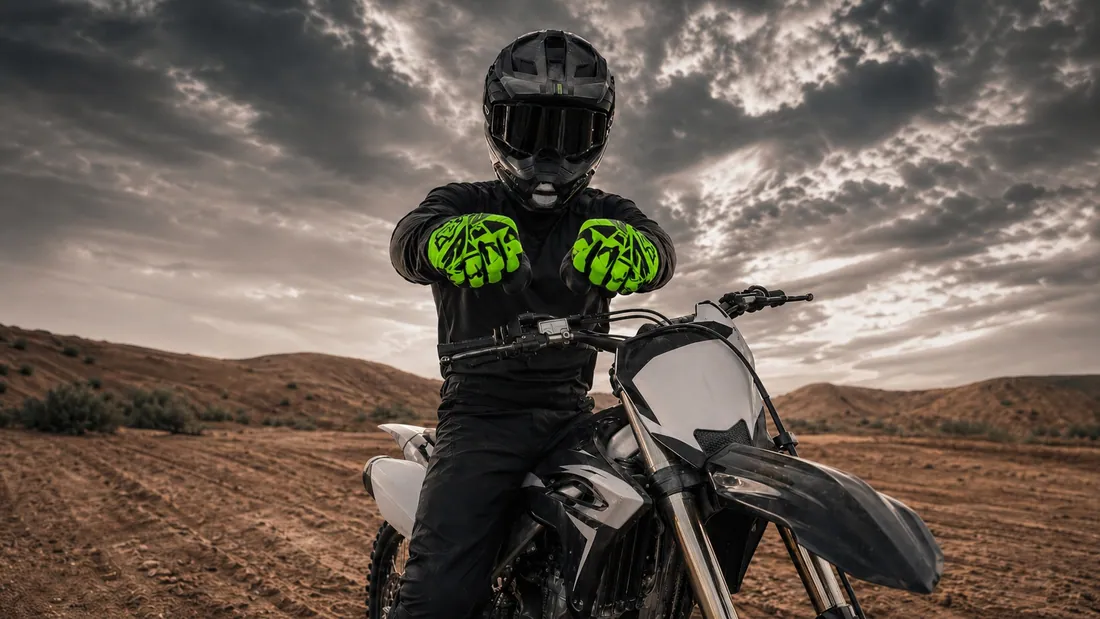 Motocross rider on a dirt bike wearing Gloves Galore MX gloves