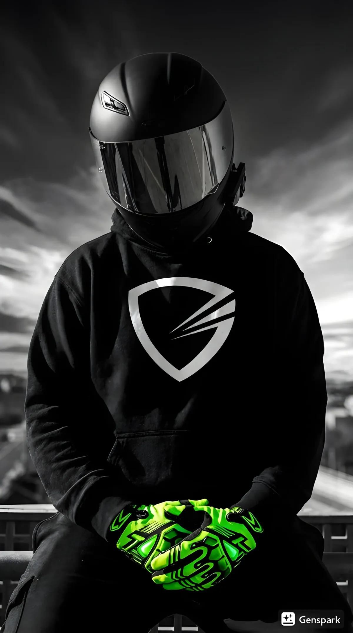 Rider in a black helmet, neon gloves and Gloves Galore hoodie