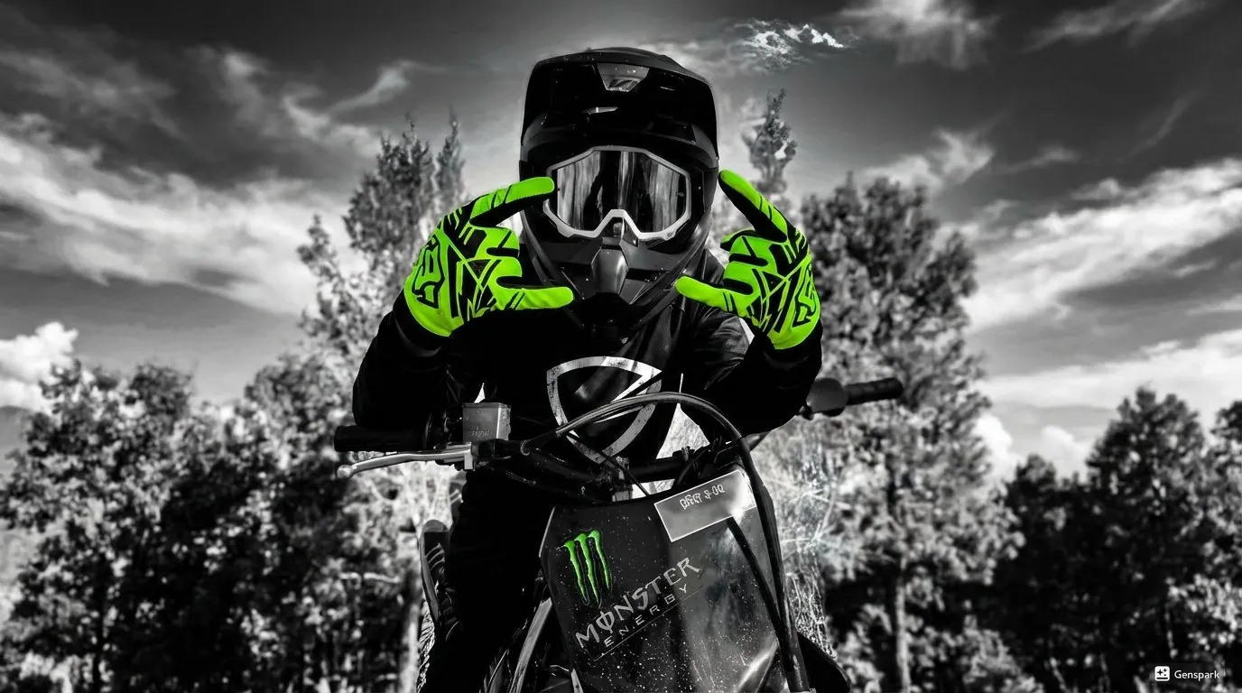 Rider in helmet and goggles showing neon motocross gloves
