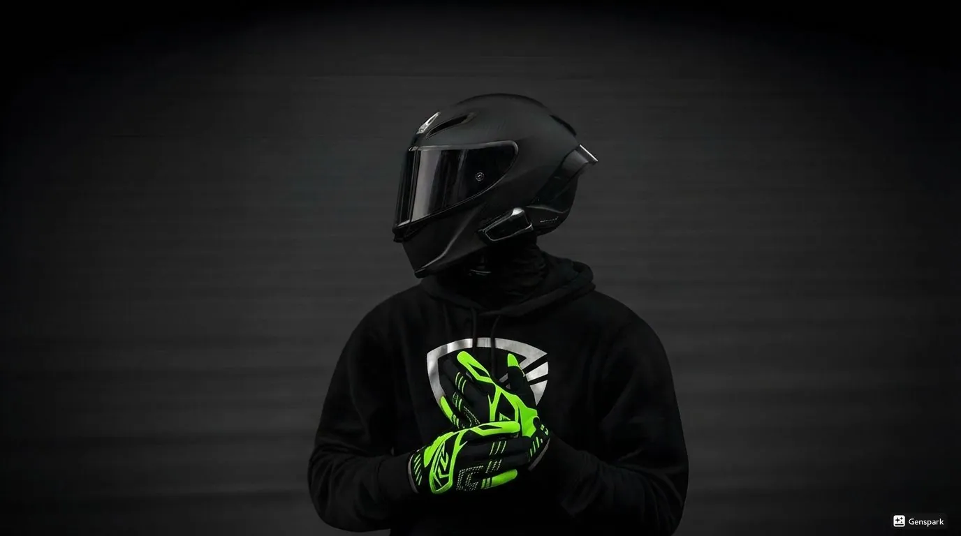 Rider in a black helmet and Gloves Galore hoodie